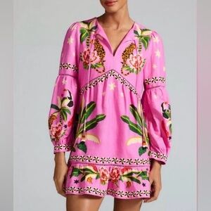 FARM Rio Pink Leopard Forest Mini Dress Beaded babydoll resort tropical Size L